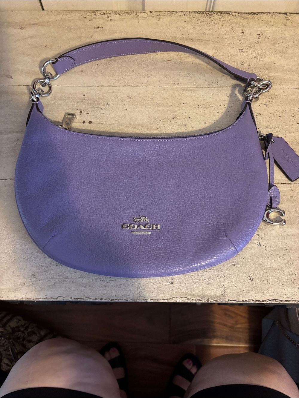 COACH Lilac Pebbled Leather Shoulder Hobo Bag with Silver Hardware
